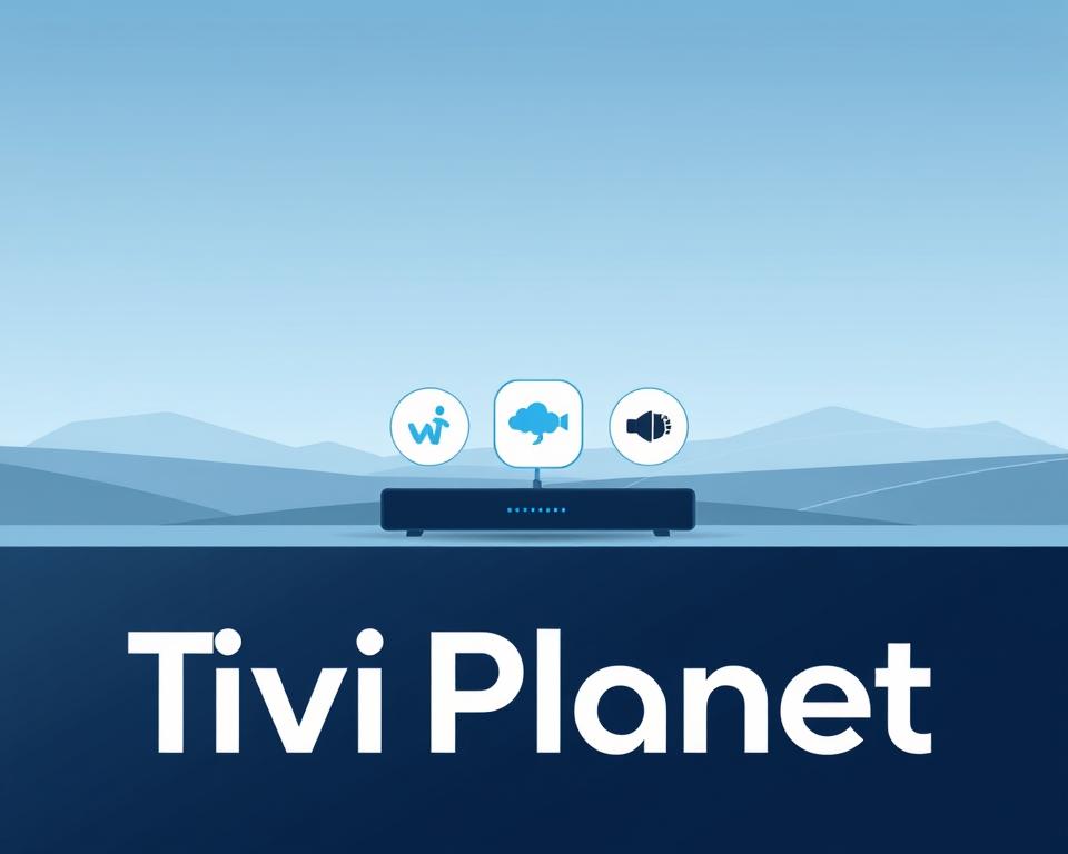 A modern, minimalist digital illustration showcasing the best IPTV providers in Germany. The foreground features the brand name "Tivi Planet" prominently displayed in a sleek, modern font. In the middle ground, three IPTV service icons are neatly arranged, representing the top options. The background depicts a subtle, abstract landscape in shades of blue and grey, creating a professional, tech-forward atmosphere. The overall composition is balanced, with clean lines and a focus on the key elements. Soft, diffused lighting from an unseen source adds depth and a sense of quality. The image conveys a sense of authority and expertise in the IPTV provider space.