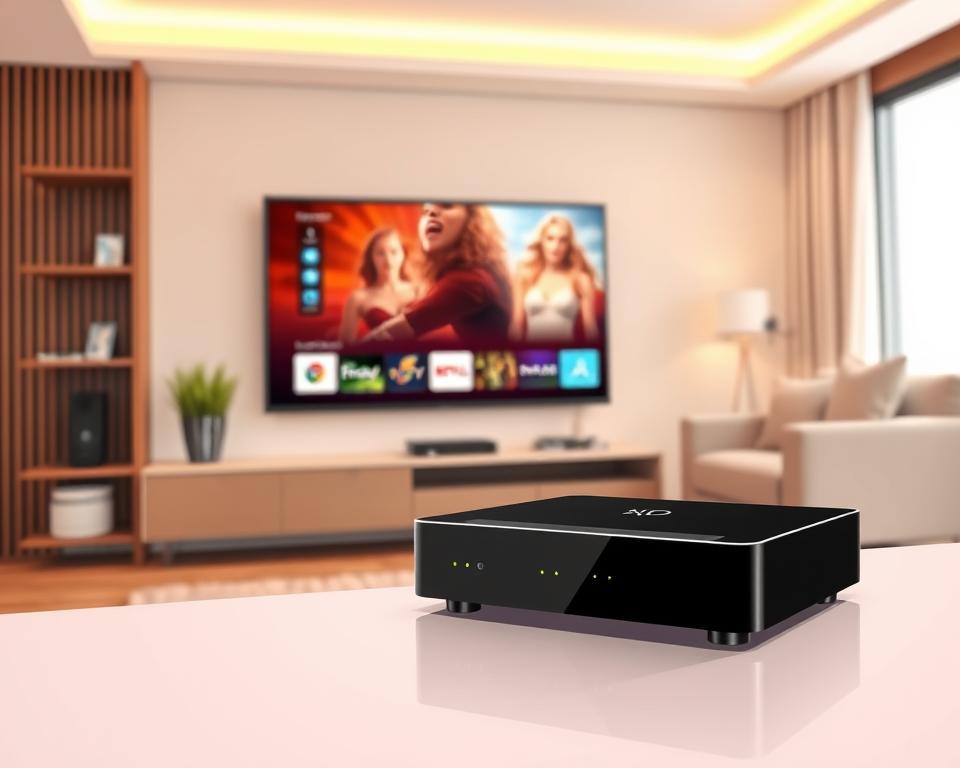 A modern, minimalist home entertainment setup showcasing the installation of a Tivi Planet IPTV service. In the foreground, a sleek black set-top box is prominently displayed, its clean lines and LED indicators conveying a sense of high-tech sophistication. The middle ground features a state-of-the-art 4K smart TV, its screen displaying a vibrant, immersive interface with a wide selection of IPTV channels. The background is a warm, cozy living room with neutral-toned furniture and soft, diffused lighting, creating a welcoming atmosphere for the viewer. The overall scene emphasizes the seamless integration of Tivi Planet IPTV technology into a modern, minimalist home environment.