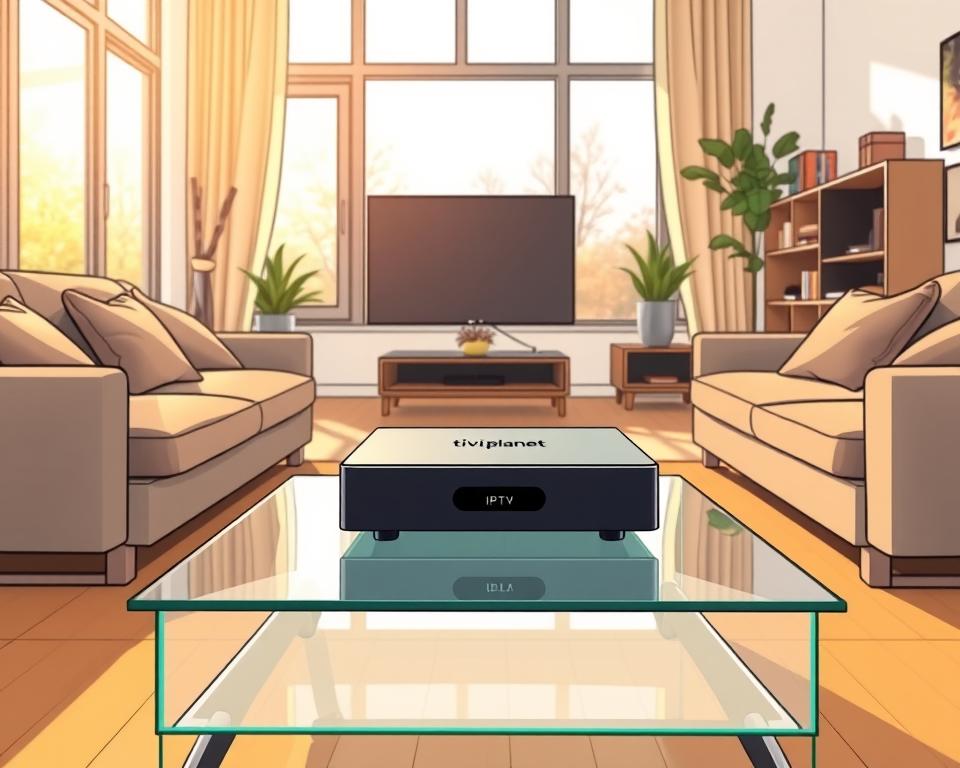 A modern, minimalist home entertainment setup with a sleek IPTV device prominently displayed on a glass-top coffee table, surrounded by a comfortable living room arrangement. The space is bathed in warm, natural lighting from large windows, creating a cozy and inviting atmosphere. The Tivi Planet brand logo is subtly visible on the IPTV device, conveying the legality and legitimacy of the IPTV service. The overall scene suggests the convenience and enjoyment of a legal IPTV experience in a German household.