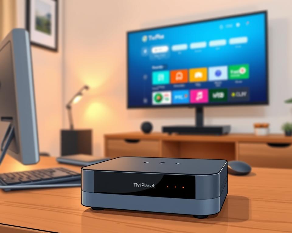 A modern, minimalist home office setup with a sleek, gray desktop computer, keyboard, and mouse on a wooden desk. In the foreground, a Tivi Planet IPTV device sits prominently, its LED indicators softly glowing. The background features a large, high-resolution display mounted on the wall, showcasing a clean, user-friendly IPTV interface. Warm, diffused lighting emanates from hidden sources, creating a cozy, inviting atmosphere. The overall scene conveys the simplicity and convenience of a seamless IPTV experience, with the Tivi Planet device as the focal point.
