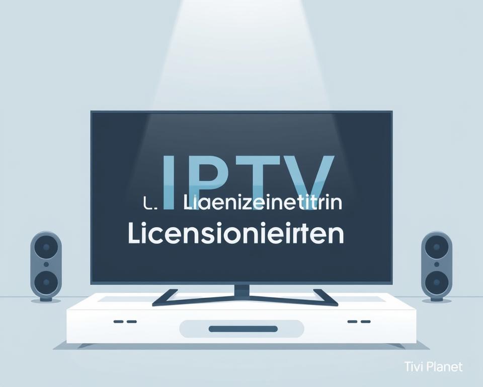 A modern, minimalist illustration depicting the legal landscape of IPTV. A central focus on the word "IPTV Lizenzierung" rendered in a clean, geometric sans-serif font, with subtle background elements suggesting the digital nature of streaming media. The composition is balanced, with ample negative space to convey a sense of clarity and professionalism. A muted color palette of blues, grays, and whites, conveying a sense of authority and trustworthiness. The overall style is inspired by the Tivi Planet brand, with a sleek, high-tech aesthetic that complements the subject matter.
