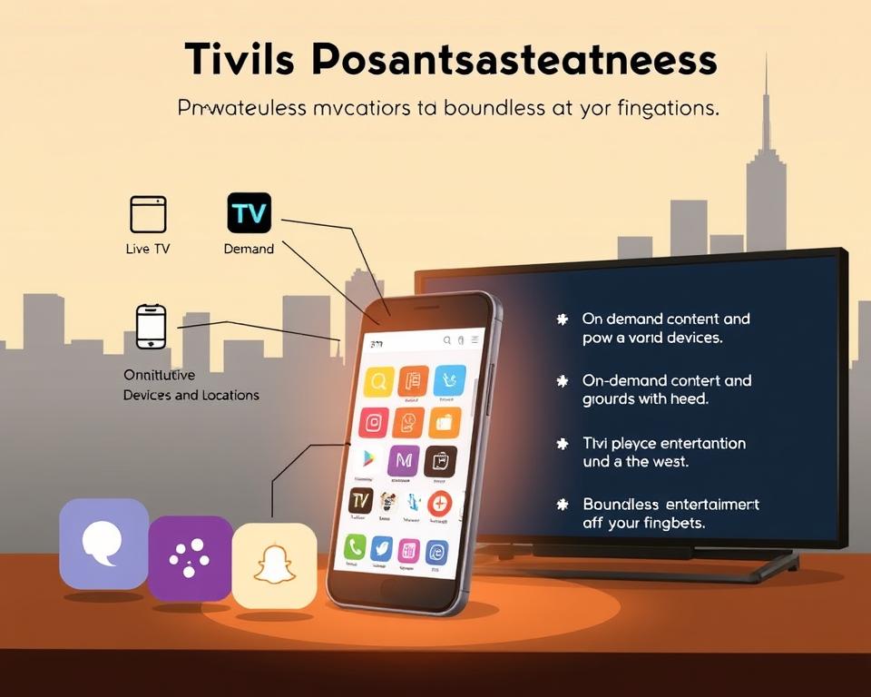 A modern, minimalist illustration of the advantages of the Tivi Planet IPTV app. In the foreground, colorful icons representing various features like live TV, on-demand content, and multi-device support. The middle ground shows a smartphone displaying the app's intuitive interface, bathed in a warm, inviting glow. In the background, a cityscape silhouette hints at the app's accessibility across devices and locations. The overall mood is one of simplicity, convenience, and the pleasures of boundless entertainment at your fingertips.