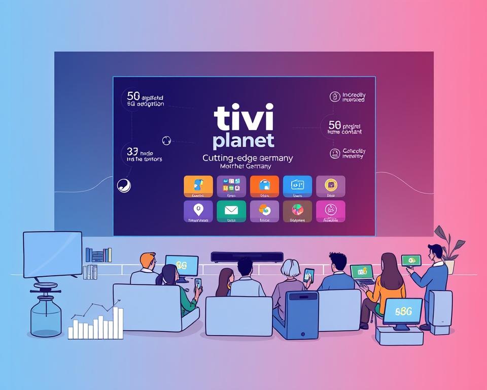 A modern, minimalist illustration of the latest IPTV trends in Germany. Set against a sleek, gradient background, the scene features a central display showcasing the Tivi Planet brand and its cutting-edge IPTV services. In the foreground, stylized icons and graphs represent the key market drivers, such as increased 5G adoption, rising consumer demand for personalized content, and the growing popularity of smart home integration. The middle ground depicts a group of diverse users seamlessly accessing a wide range of IPTV content on various devices, emphasizing the accessibility and versatility of the technology. The overall composition conveys a sense of innovation, connectivity, and the dynamic evolution of the IPTV landscape in Germany.