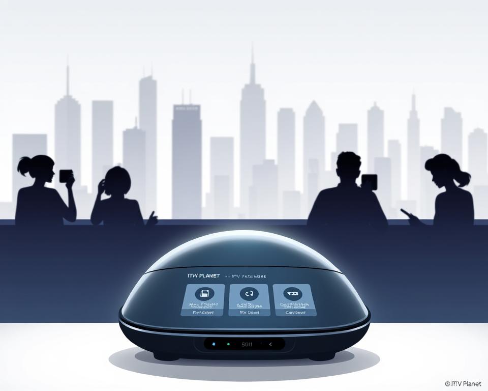 A modern, minimalist illustration showcasing legal aspects of IPTV services. In the foreground, a sleek, futuristic device labeled "Tivi Planet" displays various IPTV packages and subscription options. The middle ground features silhouettes of people accessing IPTV content on their devices, emphasizing the accessibility and convenience. The background depicts a cityscape with skyscrapers, suggesting the ubiquity of IPTV in urban environments. The overall scene conveys a sense of legality, technology, and the growing popularity of IPTV as a legal streaming solution. Lighting is soft and diffused, creating a clean, professional aesthetic. The camera angle is slightly elevated, giving the image a bird's-eye view perspective.