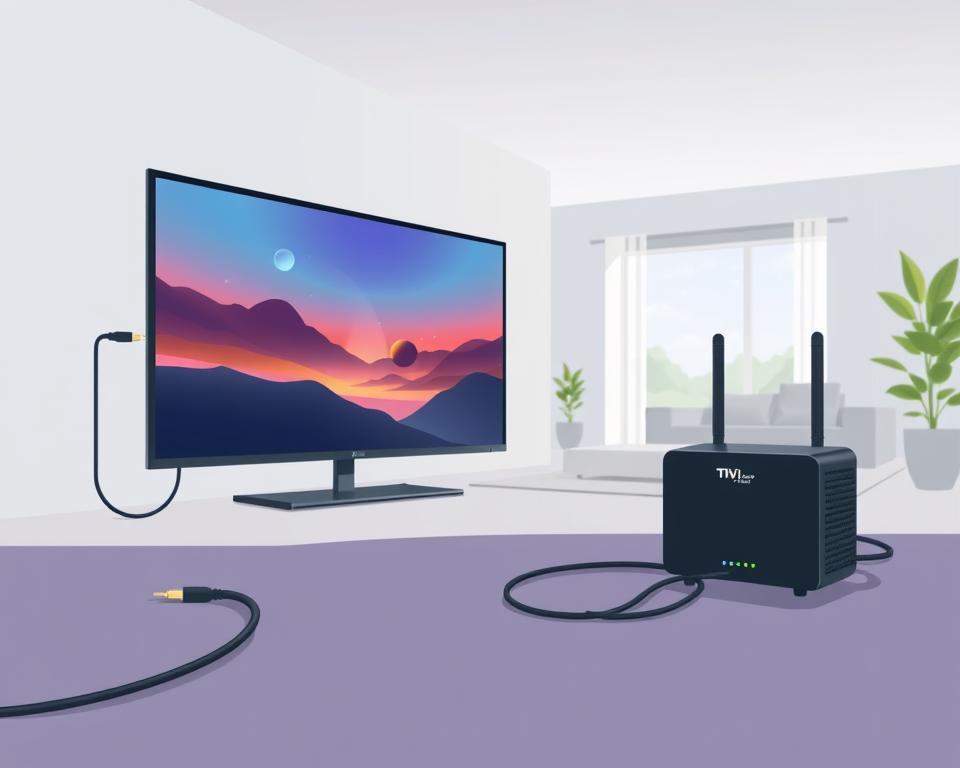 A modern, minimalist illustration showcasing ways to improve IPTV quality. In the foreground, a Tivi Planet smart TV displays a high-definition, vivid image. In the middle ground, adjustable network cables and a router symbolize optimizing the internet connection. The background features a serene, calming living room setting with natural lighting, highlighting the importance of a well-designed home environment for optimal IPTV experience. The overall mood is one of clarity, simplicity, and technological refinement.