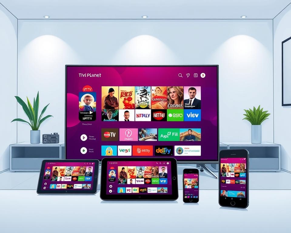 A modern, minimalist interior with a variety of smart devices showcasing IPTV capabilities. In the foreground, a sleek Tivi Planet smart TV displays vibrant, high-definition streaming content. In the middle ground, a tablet and smartphone seamlessly integrate with the TV, mirroring the same IPTV interface. The background features a clean, well-lit workspace with subtle ambient lighting, highlighting the versatility of IPTV across multiple devices. The overall scene conveys a sense of technological integration and the convenience of accessing IPTV on the user's device of choice.