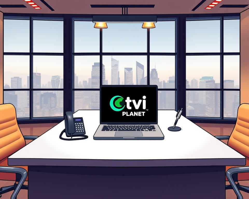 A modern, minimalist office interior with an expansive desk, featuring a sleek laptop displaying the "Tivi Planet" brand logo. The desktop is neatly organized, with a modern telephone, a stylish pen holder, and a clean, white surface. Warm, indirect lighting from overhead fixtures creates a professional, yet inviting atmosphere. The background showcases floor-to-ceiling windows, offering a scenic view of a bustling city skyline. The overall scene conveys a sense of efficiency, sophistication, and a dedication to providing exceptional IPTV services and customer support.