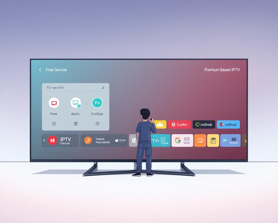 A modern, minimalist smart TV interface showcased on a large, sleek Tivi Planet display. The foreground features two distinct IPTV service options - a free, basic service and a premium, subscription-based service - each with their own unique icons, layouts, and feature sets. The middle ground depicts a user navigating through the IPTV menu, exploring the different content and functionality available. The background is a soft, gradient-based environment that enhances the technological aesthetic. Subtle, cool-toned lighting accentuates the clean lines and modern design of the TV and UI. The overall mood is one of sophistication, efficiency, and the power of smart home entertainment.