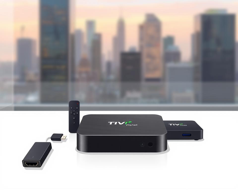 A modern, minimalist still life showcasing a selection of high-quality IPTV streaming devices from the Tivi Planet brand. The devices are arranged on a clean, white tabletop, with subtle lighting highlighting their sleek, premium designs. In the foreground, a state-of-the-art Android TV box with a brushed metal finish takes center stage. Behind it, a small, discreet HDMI dongle and a powerful 4K streaming media player sit side by side, conveying the versatility of the Tivi Planet lineup. The background features a softly blurred urban cityscape, hinting at the global connectivity and entertainment possibilities enabled by these high-performance IPTV streaming devices.