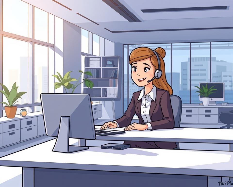 A modern office interior, with natural light streaming through large windows. In the foreground, a customer service representative from Tivi Planet sits at a sleek, minimalist desk, engaged in a conversation with a satisfied customer. The representative's warm, attentive expression conveys a commitment to resolving any feedback or complaints. The middle ground features a neatly organized work environment, with carefully curated decor and technology that suggests a high level of professionalism and attention to detail. The background showcases a cityscape, hinting at the broader context of the IPTV service and its urban connectivity. The overall mood is one of efficiency, trust, and a dedication to providing a seamless streaming experience.