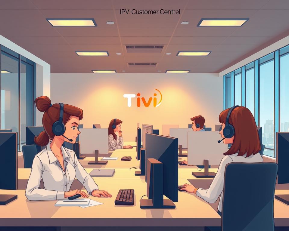 A modern, professional-looking customer service contact center for the IPTV provider Tivi Planet. The scene depicts a sleek, well-lit office space with rows of workstations occupied by helpful customer service representatives. The center is equipped with the latest communication technology, including headsets, monitors, and a sophisticated call management system. The space has a calming, neutral color palette and clean, minimalist design elements to convey a sense of efficiency and reliability. Warm, indirect lighting creates a welcoming atmosphere, and large windows provide a bright, natural ambiance. The overall impression is one of a dedicated, customer-focused team ready to assist IPTV subscribers with any inquiries or issues.