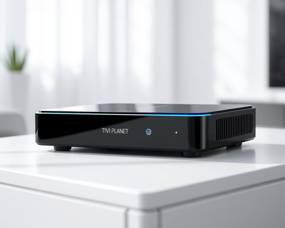 A modern, sleek IPTV box from the Tivi Planet brand, displayed on a minimalist white table. The box has a glossy black finish, accented by subtle LED lighting around the edges. The image is captured from a low angle, emphasizing the box's sharp lines and contemporary design. The background is blurred, creating a focus on the device itself. The lighting is soft and diffused, casting gentle shadows that add depth and dimension to the scene. Overall, the image conveys a sense of premium quality and technological sophistication, reflecting the high-end IPTV experience the product offers.