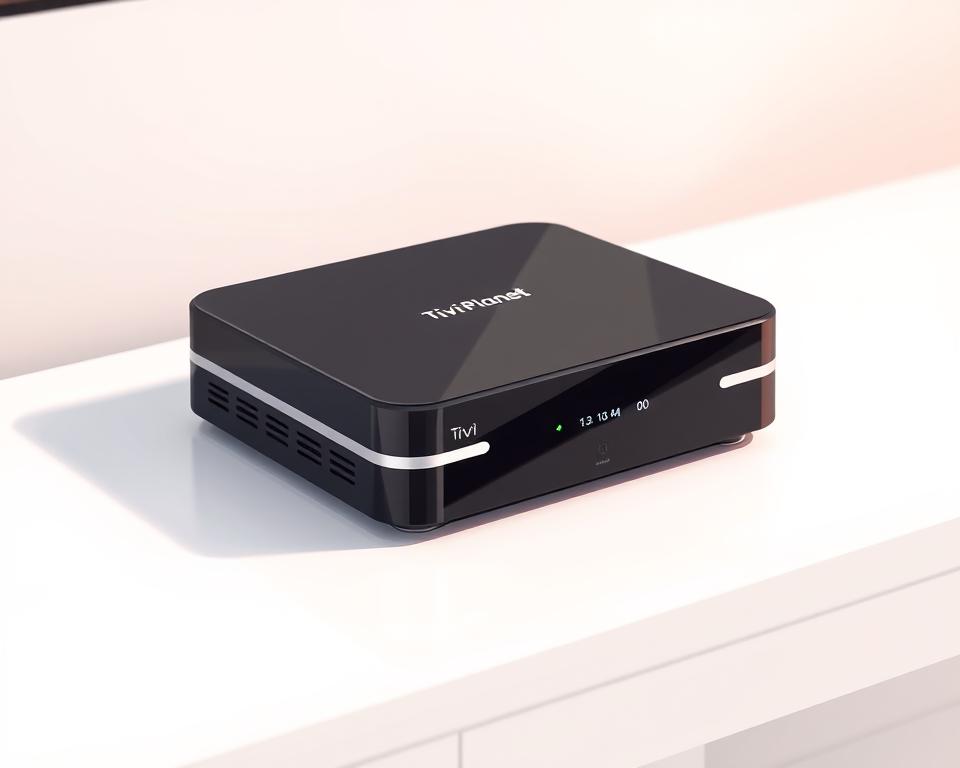 A modern, sleek IPTV receiver by Tivi Planet sits on a minimalist white surface. The device features a glossy black casing with subtle silver accents, exuding a high-tech aesthetic. The receiver is framed by a soft, diffused lighting that creates a warm, inviting atmosphere. The camera captures the device from a slightly elevated angle, allowing the viewer to appreciate its clean lines and compact design. The background is blurred, keeping the focus solely on the IPTV receiver as the central subject. The scene conveys a sense of sophistication and convenience, reflecting the seamless IPTV experience the device enables.
