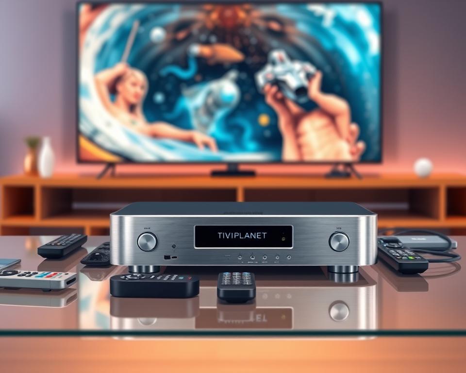A modern, sleek IPTV receiver sits on a minimalist glass table, its brushed aluminum exterior reflecting the warm ambient lighting. The device is surrounded by various remote controls, cables, and other accessories, showcasing the comprehensive setup required for a high-quality IPTV experience. In the background, a large, high-resolution display shows a vibrant, crystal-clear image, hinting at the exceptional visual quality offered by the Tivi Planet IPTV receiver. The scene conveys a sense of technological sophistication and the attention to detail that defines the IPTV product category.