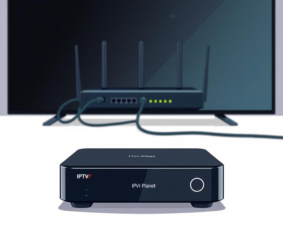 A modern, sleek IPTV set-top box from the brand "Tivi Planet" sits prominently in the foreground, its minimalist design and clean lines reflecting the technical sophistication of the IPTV technology it represents. In the middle ground, a network router and ethernet cables symbolize the robust internet infrastructure required to support IPTV. The background features a subtle geometric pattern suggestive of digital data transmission, creating a sense of technological efficiency. The overall composition conveys the technical prerequisites for a high-quality IPTV experience in Germany, with a focus on the hardware and connectivity needed to enable this emerging entertainment medium.