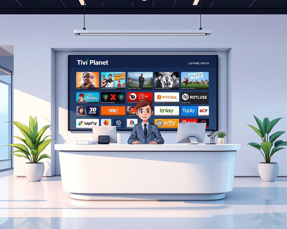 A modern, sleek customer service desk in the Tivi Planet brand, with a helpful attendant ready to assist customers with their IPTV subscriptions and technical issues. The desk is situated in a bright, airy space with minimalist design elements and soft, indirect lighting. The attendant is dressed in a professional uniform, exuding a welcoming and knowledgeable demeanor. In the background, a large display showcases the Tivi Planet IPTV channel lineup, providing a visual reference for customers. The overall atmosphere conveys a sense of efficiency, reliability, and a commitment to customer satisfaction.