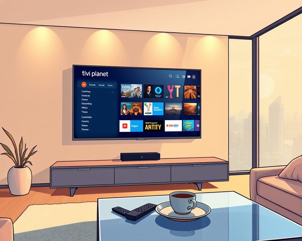 A modern, sleek living room with a large flat-screen TV mounted on the wall. The TV displays the Tivi Planet IPTV interface, showcasing its intuitive menu navigation and personalized content recommendations. The room is bathed in warm, ambient lighting, creating a cozy and inviting atmosphere. In the foreground, a stylish coffee table with a remote control and a cup of coffee or tea, reflecting the ease and convenience of the IPTV experience. The background features large windows overlooking a picturesque cityscape, emphasizing the seamless integration of IPTV technology into the modern home environment.