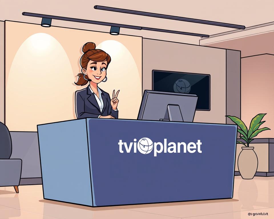 A modern, stylish office interior with a customer service representative providing assistance at a sleek and minimalist Tivi Planet IPTV station. The lighting is warm and inviting, with soft spotlights highlighting the representative's friendly demeanor. The background features clean lines and muted colors, creating a professional yet approachable atmosphere. The representative's attentive posture and welcoming expression convey a sense of personalized care and support for the IPTV customer. The Tivi Planet branding is prominently displayed, reflecting the company's commitment to quality service.