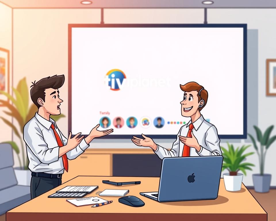 A modern, stylish office setting with a large flat-screen display showcasing the "Tivi Planet" brand logo. In the foreground, a person in a collared shirt and tie is gesturing animatedly, engaged in a video call with customers, providing friendly and knowledgeable IPTV support. The middle ground features an organized desk with a laptop, notes, and a headset, conveying a professional, efficient atmosphere. The background is softly blurred, featuring simple decor elements like potted plants and artwork, creating a warm, welcoming ambiance. Warm, directional lighting casts a subtle glow, enhancing the overall sense of approachability and expertise.