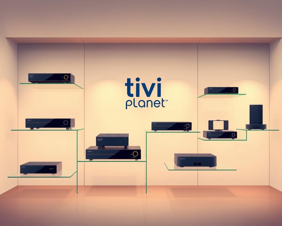 A modern, well-lit showroom setting featuring an assortment of sleek, high-tech IPTV devices prominently displayed on glass shelves or floating platforms. The devices should have a range of form factors, from compact set-top boxes to larger, feature-rich media hubs. Warm, diffused lighting highlights the clean lines and premium materials of the products, creating an aspirational, high-end atmosphere. The background should convey a sense of sophistication, perhaps with minimalist architectural elements or a subtle gradient. Prominent branding for "Tivi Planet" should be tastefully integrated into the scene, conveying the company's expertise and authority in the IPTV space.