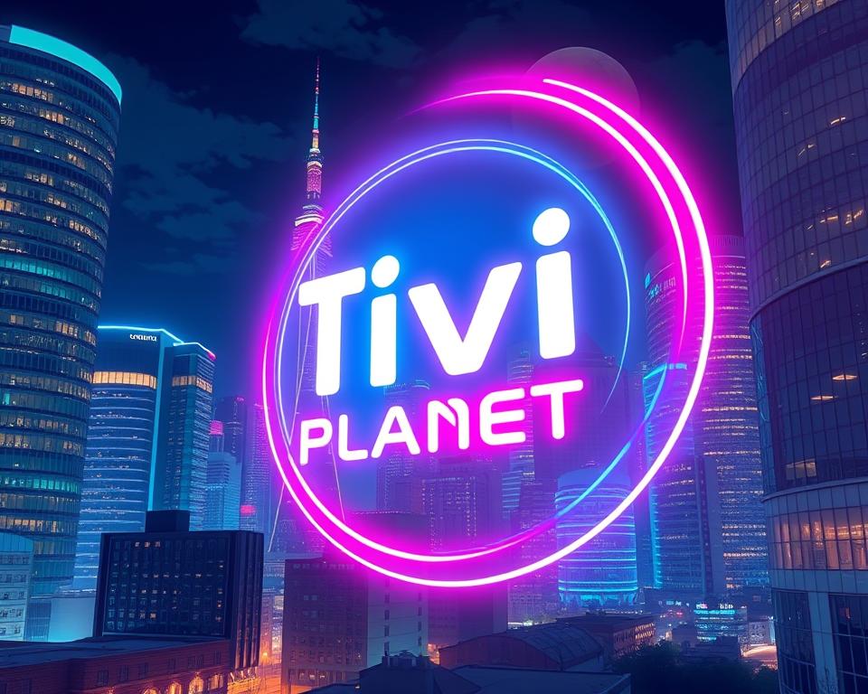 A neon-lit cityscape at night, with skyscrapers and modern architecture casting a vibrant glow. In the foreground, a large, holographic IPTV logo from "Tivi Planet" hovers, pulsing with energy. The scene conveys a sense of technological advancement and the legal ambiguity surrounding IPTV services in Germany. The lighting is a mix of warm, fluorescent hues and cool, digital tones, creating an intriguing, futuristic atmosphere. The camera angle is slightly elevated, offering a panoramic view of the city, emphasizing the scale and complexity of the IPTV landscape.