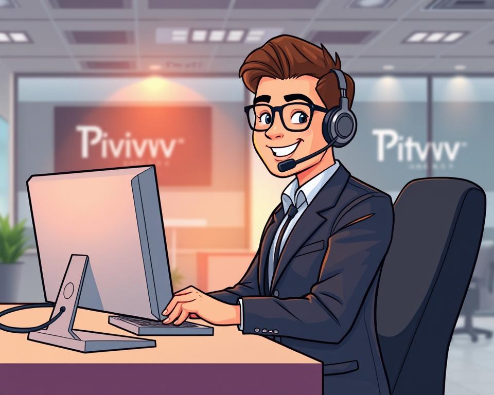 A professional call center agent of Tivi Planet IPTV service, dressed in a sharp business casual outfit, sits at a modern, minimalist desk, surrounded by sleek technology. Warm, focused lighting illuminates their friendly, customer-oriented expression as they assist a customer on a high-quality headset. The background features a clean, contemporary office space with subtle branding elements, conveying a sense of efficiency, reliability, and dedication to customer satisfaction in the IPTV industry.