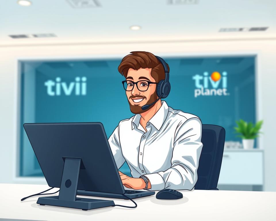 A professional customer service representative for Tivi Planet IPTV service, sitting at a sleek, minimalist desk in a modern, well-lit office. The agent is dressed in a crisp, button-down shirt and is focused on assisting a customer over the phone, with a friendly and attentive expression. The background features a clean, contemporary design with subtle brand elements, conveying a sense of reliability and high-quality service. The image is captured with a shallow depth of field, highlighting the subject while maintaining a polished, professional atmosphere.