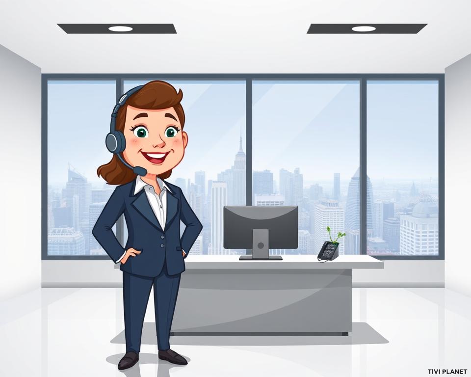A professional customer service representative from Tivi Planet IPTV provider, standing in a well-lit, modern office setting. The agent is dressed in a smart, formal attire, with a warm, friendly expression, ready to assist customers with their inquiries. In the middle ground, a sleek, minimalist desk with a computer monitor and a phone, symbolizing the efficient and streamlined customer support infrastructure. In the background, a panoramic window overlooking a bustling city skyline, conveying a sense of a dynamic, technologically-advanced environment. The lighting is soft and diffused, creating a welcoming and professional atmosphere. The overall scene reflects the high-quality customer service and reliable IPTV experience offered by Tivi Planet.