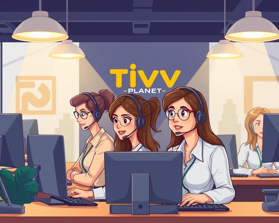 A professional customer service team assisting IPTV customers at the Tivi Planet headquarters. The scene depicts a modern office space with well-lit workstations, employees wearing headsets providing attentive support, and a backdrop showcasing the Tivi Planet brand. The atmosphere is one of efficiency and customer-centric care, with a focus on resolving inquiries and addressing customer needs. Subtle lighting from overhead fixtures casts a warm glow, creating a welcoming ambiance. The composition emphasizes the collaborative nature of the service, with employees working together to ensure a positive customer experience.