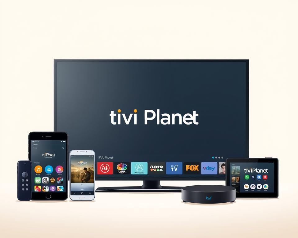 A professional, high-quality image of "IPTV Sender für verschiedene Geräte" featuring the Tivi Planet brand. In the foreground, a modern smart TV and various mobile devices (smartphone, tablet, streaming box) are displayed in an elegant, minimalist arrangement. The middle ground showcases the Tivi Planet logo prominently, along with a simple, sleek user interface depicting IPTV channel options. The background is a clean, neutral backdrop with a subtle gradient, creating a sense of depth and focus on the featured devices and branding. The lighting is soft and diffused, highlighting the products' design and technology. The overall mood is sophisticated, contemporary, and conveys the versatility of the IPTV service across multiple platforms.