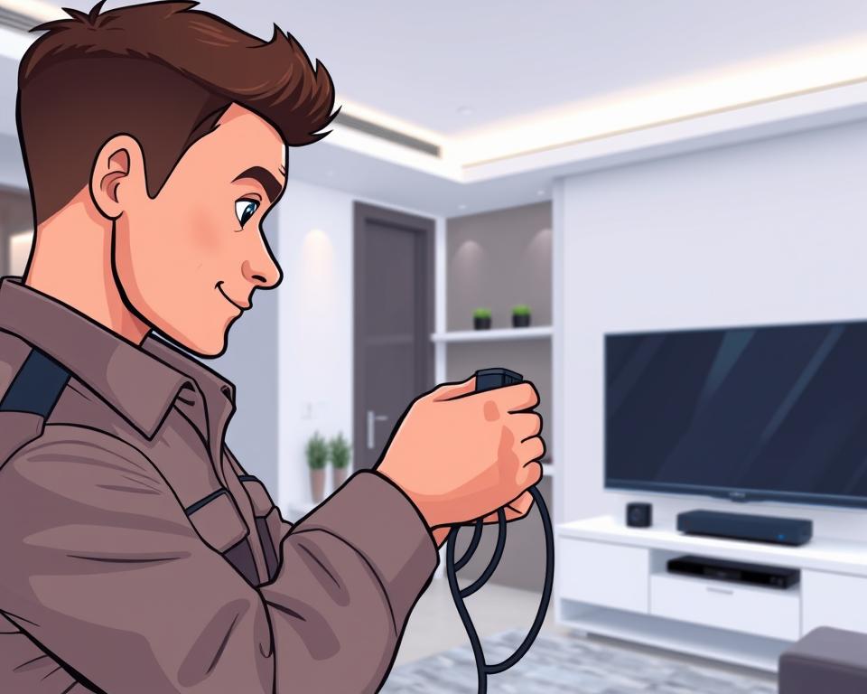 A professional technician from Tivi Planet installing an IPTV system in a modern home. The scene shows the technician carefully configuring cables and devices, with a calm and focused expression. The background features a minimalist, well-lit interior design, emphasizing the sleek and high-tech nature of the IPTV setup. The lighting is soft and diffused, creating a sense of professionalism and attention to detail. The camera angle is slightly elevated, giving an overview of the installation process. The overall mood is one of competence, efficiency, and the seamless integration of advanced technology into the home environment.