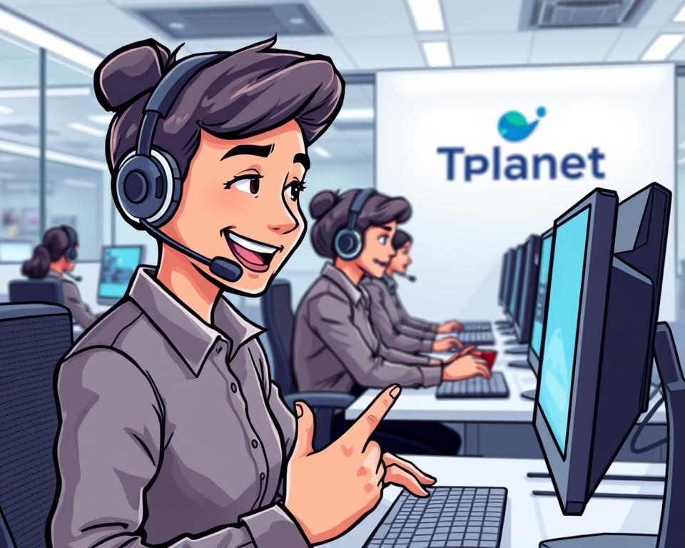 A professional, well-lit, and visually engaging image of the Tivi Planet IPTV customer service team assisting customers. The scene depicts a modern office setting with a team of friendly and knowledgeable agents wearing headsets, seated at desks and computer stations, ready to provide support. The foreground features a close-up of an agent smiling and gesturing while explaining something on a computer screen. The middle ground showcases the broader team working diligently, and the background depicts a sleek, minimalist office environment with Tivi Planet branding visible. The overall mood is one of efficiency, professionalism, and a commitment to customer satisfaction.