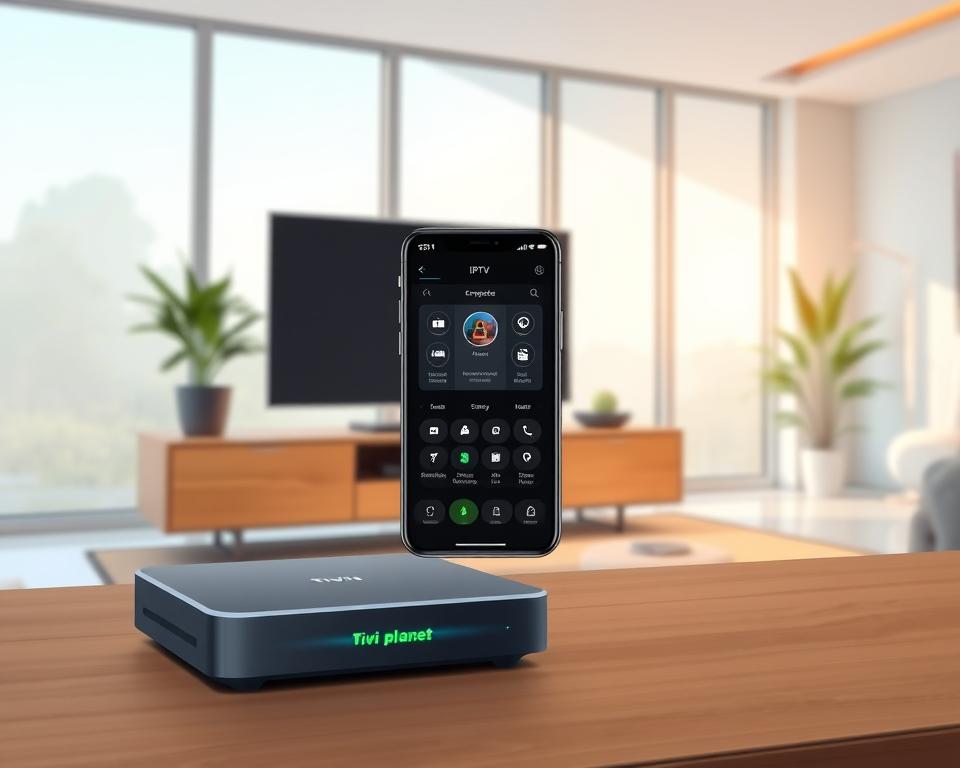 A secure and modern IPTV setup featuring the Tivi Planet brand. In the foreground, an elegant TV streaming device with a sleek, minimalist design sits atop a wooden media console. Glowing indicator lights suggest advanced security features. In the middle ground, a smartphone displays the Tivi Planet app interface, showcasing intuitive controls and encrypted streaming. The background is a serene, modern living room with large windows, allowing natural light to filter in and create a warm, inviting atmosphere. The overall scene conveys a sense of reliability, privacy, and technological sophistication for the "Sicheres Streaming" experience.