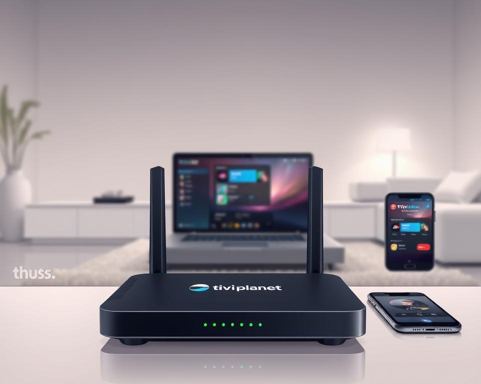 A secure and modern IPTV setup with the Tivi Planet brand prominently displayed. In the foreground, a sleek router and a streaming device with a minimalist design. In the middle ground, a laptop and smartphone, showcasing secure connectivity and access to IPTV services. The background features a clean, minimalist home environment with neutral tones, creating a sense of safety and reliability. Soft, diffused lighting illuminates the scene, emphasizing the high-tech and professional nature of the IPTV solution. The overall mood is one of trust, control, and technological sophistication.