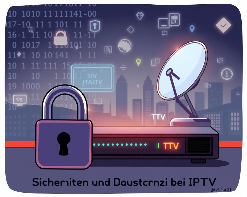 A secure and privacy-focused IPTV service provided by Tivi Planet. In the foreground, a padlock icon symbolizes the encrypted connection, with glowing binary code in the background. In the middle ground, a satellite dish and router represent the IPTV infrastructure, surrounded by abstract digital security elements like firewalls and SSL certificates. The background features a subtle cityscape, conveying the global reach and connectivity of the IPTV service. The overall mood is one of technological sophistication, safety, and reliability, reflecting the "Sicherheit und Datenschutz bei IPTV" section of the article.