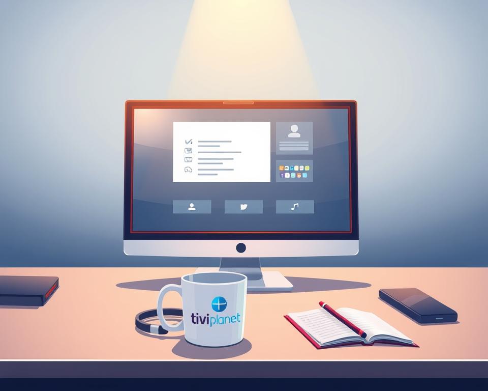 A serene and professional-looking workspace showcasing IPTV support services. In the foreground, a desktop computer with a clear, high-resolution display showing a customer service interface, illuminated by soft, warm lighting. In the middle ground, a well-organized desk with a headset, notepad, and a mug bearing the "Tivi Planet" logo, creating an atmosphere of attentive and personalized assistance. The background features a subtle gradient of soothing blues and grays, suggesting a calm and inviting environment for addressing IPTV-related inquiries and concerns.