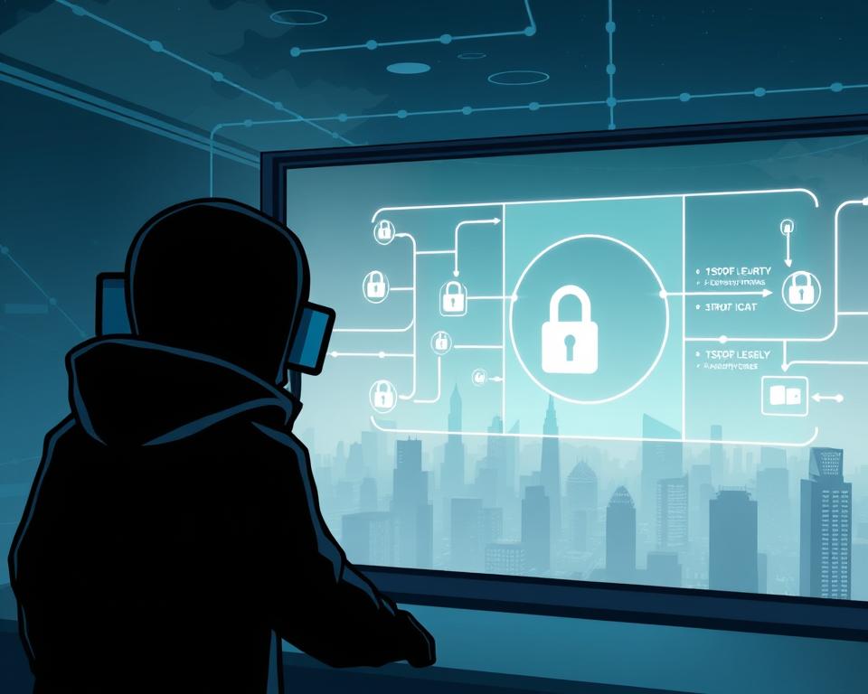 A serene and secure digital landscape, where a shadowy figure navigates the Tivi Planet IPTV network with precision and caution. In the foreground, a transparent window showcases the platform's interface, hinting at its user-friendly design. The middle ground features a robust security system, with encrypted data streams and virtual safeguards, ensuring the legality and privacy of the IPTV experience. The background depicts a cityscape, subtly alluding to the global reach and accessibility of the Tivi Planet service. Soft, diffused lighting creates a sense of trust and reliability, while the overall composition conveys a balanced and well-protected digital ecosystem.