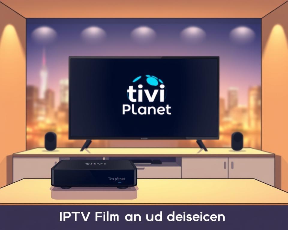 A serene home cinema setup with a large screen displaying the Tivi Planet logo, bathed in warm lighting. In the foreground, a sleek black streaming device sits atop a minimalist entertainment unit, conveying a sense of modern, secure IPTV viewing. The background features a blurred cityscape, hinting at the global reach and accessibility of the IPTV service. The overall atmosphere is one of comfort, sophistication, and data privacy, reflecting the "IPTV Filme und Datenschutz" section of the article.