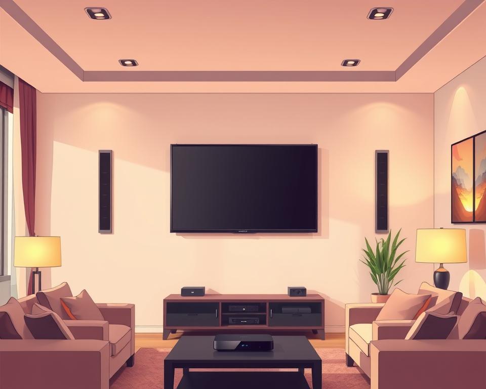 A serene living room interior with a large flat-screen TV mounted on the wall, displaying a crisp, high-definition image. Soft, indirect lighting from floor lamps and recessed ceiling fixtures creates a warm, inviting atmosphere. The room is furnished with plush, comfortable seating, and a sleek, modern entertainment center houses a Tivi Planet streaming device. The image conveys a sense of immersive, high-quality viewing experience, perfectly capturing the essence of "Streaming-Qualität".