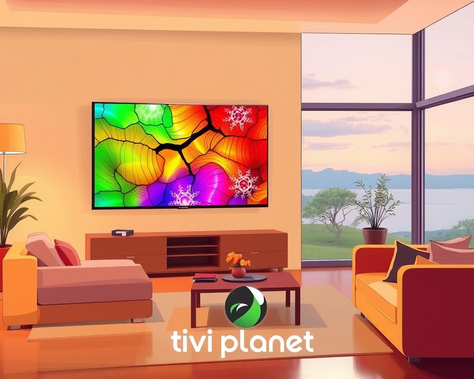 A serene living room scene with a large, high-definition television prominently displayed. The TV is showcasing vibrant, crystal-clear IPTV content, with rich colors and sharp details. The room is bathed in warm, soft lighting, creating a cozy and inviting atmosphere. In the foreground, a Tivi Planet logo is subtly visible, reflecting the brand's commitment to providing the best IPTV quality. The middle ground features tasteful, minimalist furniture, complementing the sleek design of the television. The background depicts a tranquil outdoor scene, visible through large windows, further enhancing the sense of comfort and relaxation.