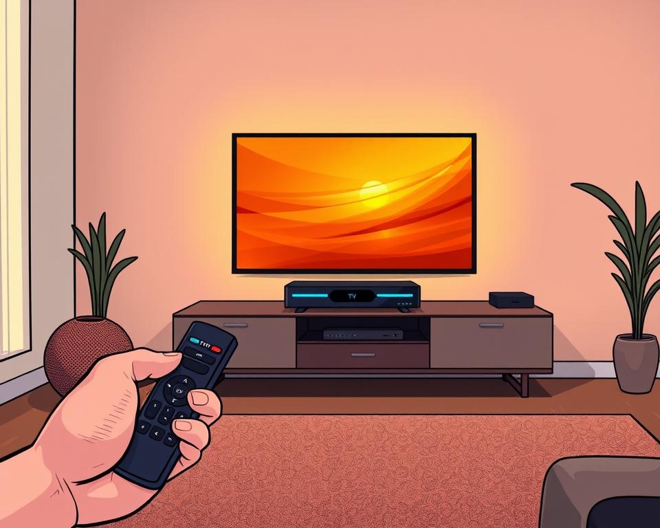 A serene living room setting with a Tivi Planet IPTV streaming device prominently displayed on a sleek media console. Warm, diffused lighting illuminates the scene, creating a cozy atmosphere. The TV screen displays a vibrant, high-quality image, showcasing the improved picture clarity achievable with a quality IPTV service. In the foreground, a hand holds a remote control, symbolizing the user's ability to effortlessly navigate and optimize their IPTV experience. The background features minimalist decor, allowing the focus to remain on the central IPTV system and its enhanced visual performance.