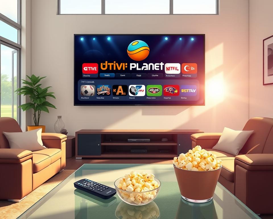 A serene living room with a large flatscreen TV displaying the Tivi Planet logo, showcasing a diverse array of IPTV sports channels. Sunlight streams through floor-to-ceiling windows, casting a warm glow on plush leather furniture and a sleek, modern entertainment center. In the foreground, a remote control and a bowl of fresh popcorn sit on a glass coffee table, inviting the viewer to settle in and enjoy the sports programming. The room exudes a cozy, immersive atmosphere, perfect for the passionate sports fan.