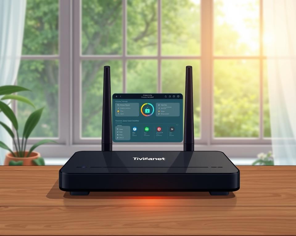 A serene, secure IPTV setup with the Tivi Planet brand prominently displayed. A sleek black router sits atop a minimalist wooden table, casting a warm glow. In the background, a large window overlooks a peaceful, lush garden, bathing the scene in natural light. The router's interface displays a privacy-focused dashboard, emphasizing the secure nature of the IPTV service. The overall atmosphere conveys a sense of trust, reliability, and environmental consciousness, perfectly capturing the "Datenschutz und IPTV" theme.