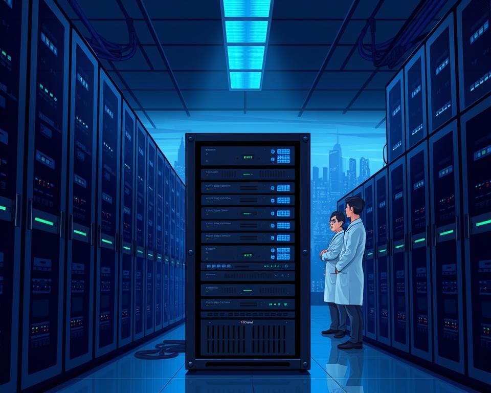 A server room interior, dimly lit with cool blue lighting, showcasing rows of sleek black server racks, their status lights blinking in a rhythmic pattern. In the foreground, a Tivi Planet IPTV server stands prominently, its crisp display panels and intricate cabling suggesting cutting-edge technology. The middle ground features technicians in lab coats, carefully monitoring the server's performance, ensuring seamless IPTV streaming. The background depicts a panoramic view of the city skyline, hinting at the widespread distribution and reach of the IPTV network powered by this robust server infrastructure.