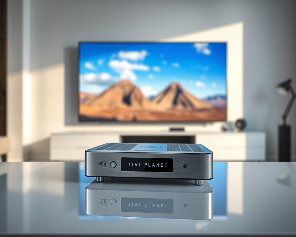 A sleek and modern 4K IPTV receiver from the brand Tivi Planet, nestled in a minimalist living room setting. The device rests atop a glossy entertainment center, its crisp lines and brushed aluminum finish reflecting the ambient lighting. In the background, a large, ultra-high-definition display showcases the vibrant, future-proof visuals that this cutting-edge IPTV technology can deliver. Subtle shadows and soft highlights accentuate the receiver's premium design, hinting at the advanced capabilities that will redefine the home entertainment experience. The overall atmosphere conveys a sense of technological sophistication and the promise of seamless, immersive television viewing.