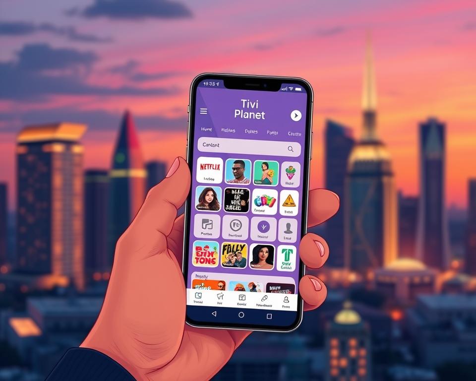 A sleek and modern IPTV app interface, showcasing the Tivi Planet brand, set against a backdrop of a vibrant city skyline at dusk. The app's intuitive design features a clean grid layout, highlighting various content categories. Subtle lighting from the app's interface casts a warm glow, creating a cozy and inviting atmosphere. In the foreground, a hand holds a smartphone, seamlessly interacting with the app's smooth animations and intuitive controls. The cityscape in the background offers a sense of urban sophistication, complementing the app's contemporary aesthetic.