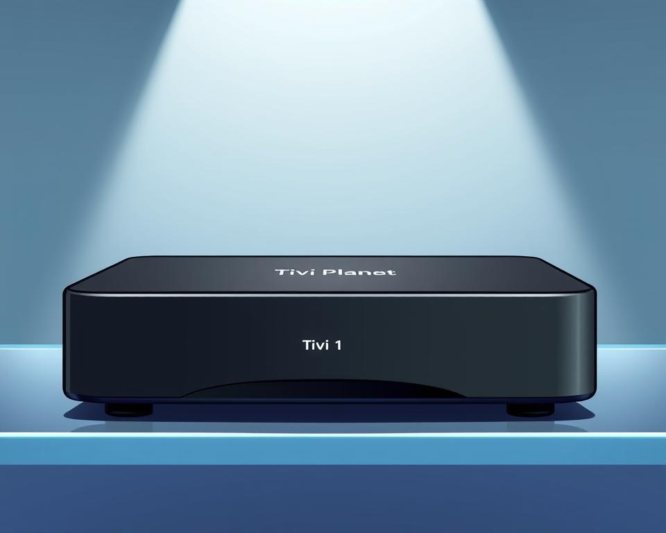 A sleek and modern IPTV box, featuring the Tivi Planet brand, sits atop a minimalist glass or metal surface. The box has a clean, rectangular design with subtle curves and a matte black or silver finish. The front panel displays a discreet LED indicator light, while the sides and rear host a variety of connectivity ports. Soft, directional lighting from above illuminates the box, creating a sense of depth and highlighting its elegant form. The background is blurred, placing the IPTV box in sharp focus as the central subject, inviting the viewer to imagine its capabilities and potential to enhance their home entertainment experience.