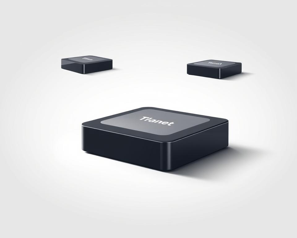 A sleek and modern IPTV box prominently displayed on a clean, minimalist white background. The device, branded as "Tivi Planet", is shown from multiple angles, highlighting its compact and streamlined design. Soft, diffused lighting accentuates the textures and materials, creating a sense of sophistication. The box is surrounded by a subtle, yet striking, gradient backdrop that adds depth and visual interest. The overall composition conveys a sense of technological advancement and high-quality craftsmanship, perfectly suited to illustrate the "Häufig gestellte Fragen zu IPTV Boxen" section of the article "IPTV Box kaufen - Hochwertige Geräte für Zuhause."