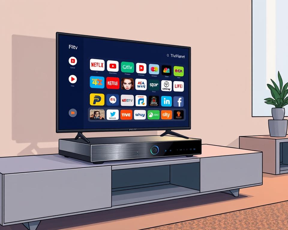 A sleek and modern IPTV receiver by Tivi Planet, featuring a clean and intuitive user interface. The device sits atop a minimalist entertainment unit, its brushed aluminum body reflecting the warm lighting of the room. On the screen, a variety of app icons are neatly arranged, inviting the user to explore a world of streaming content, from live TV channels to on-demand movies and games. The image conveys a sense of technological sophistication and seamless integration into the home environment, perfectly capturing the essence of the "Nutzung von Apps mit Ihrem IPTV-Empfänger" section.