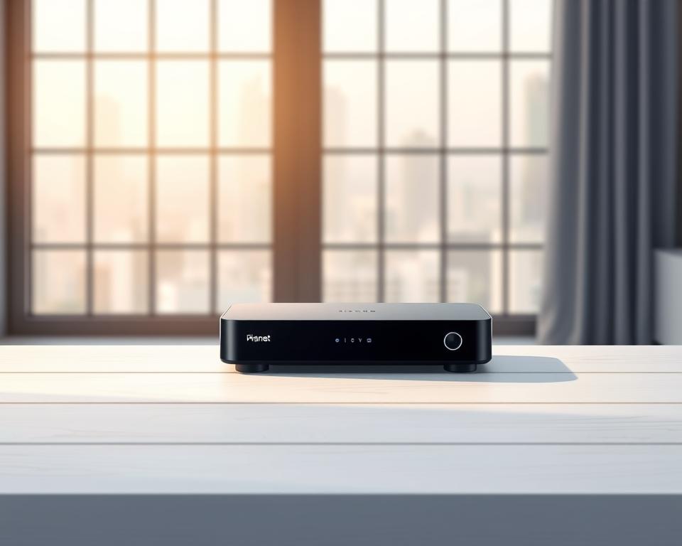 A sleek and modern IPTV receiver sits prominently on a minimalist white wooden table, its simple yet elegant design reflecting the high-quality IPTV experience it provides. The device, adorned with the "Tivi Planet" branding, is bathed in soft, diffused lighting, creating a warm and inviting atmosphere. In the background, a blurred cityscape can be seen through a large window, hinting at the connectivity and global reach of the IPTV service. The overall scene conveys a sense of sophistication and technological advancement, perfectly suited to illustrate the section on "Die besten Geräte für IPTV" in the article "Entdecken Sie die beste IPTV Qualität für Ihr Zuhause."